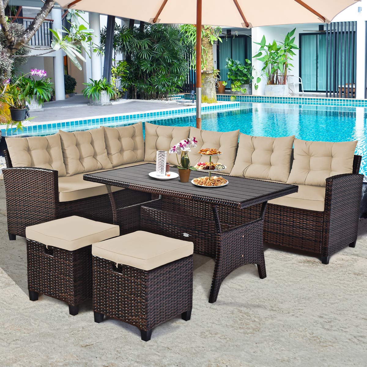 Ensemble de meubles de patio Tangkula 5 pièces avec pouf